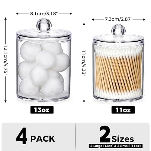 4 Pack Acrylic Qtip Holder Dispenser for Cotton Swabs, Balls, Pads, Floss Picks- Small Clear Acrylic Canister Apothecary Jar Set, Bathroom Essentials Accessories Decor, Vanity Makeup Storage Organizer thumbnail 3