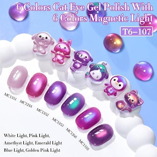 Double Rhythm Cat Eye Gel Nail Polish Set of 6 Same Color Same Bottle 0.5 Oz Shimmer Glitter with Magnet Holographic Magnetic UV Nail Polish Kit (Blush Fuchsia Magenta Purple Violet Lavender -T6-107) thumbnail 2