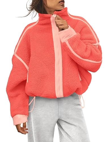 Yanekop Womens Fleece Jacket Zip Up Fuzzy Sherpa Jackets Long Sleeve Winter Coats Striped Warm Outwear with Pockets - Image 1