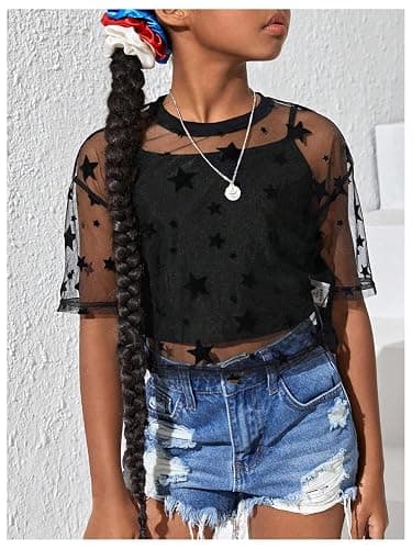 BEAUDRM Girl's 2 Piece Set Star Graphic Sheer Mesh Shirt Crew Neck Short Sleeve Crop Top with Camisole thumbnail 4