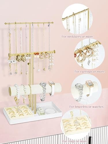 Jenseits 3-Tier Jewelry Holder Organizer:17.1" Adjustable Hanger, Velvet Ring Tray, Metal Aesthetic Display Stand for Necklaces, Earrings, Bracelets, Watches, Gold Jewelry Storage Tower Tree for Women thumbnail 5