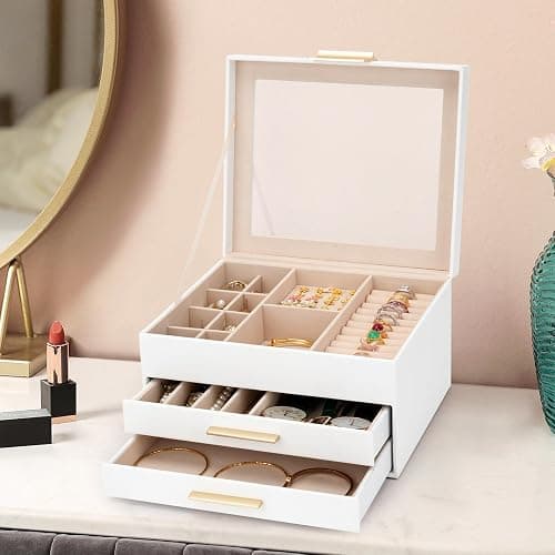JBAOWEI 3-Layer Jewelry Box for Women, Jewelry Organizer with Glass Lid and Drawers, Jewelry Organizers and Storage for Necklaces, Rings, Earrings, Bracelets - White/Green/Black. thumbnail 2