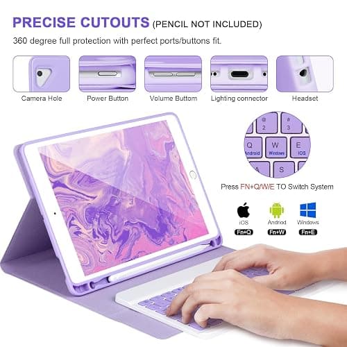 APHBZGE for iPad 6/5th Generation Case with Keyboard 2018/2017,Detachable Bluetooth Keyboard case for iPad Air 2/1,iPad Keyboard Case 9.7 inch with Pencil Holder,Square Keycaps,Purple thumbnail 3