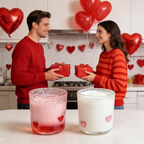 YinNorth 2 Pcs Valentine Icon Juice Glass 14oz Heart Drinking Cocktails Glasses Cute Pink White Stemless Wine Glasses Handblown Old Fashioned Couple Cups for Her Wife Women Birthday Lovely Gifts thumbnail 6