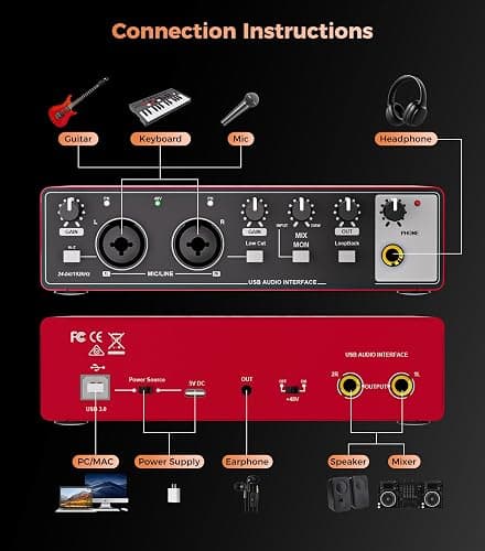 TISINO Audio Interface 24Bit/192kHz, USB Audio Interface for Recording, Songwriting, Streaming and Podcasting, Plug & Play Studio Interface with 48V Phantom Power, PC/Mac/iOS Compatible,RED thumbnail 7