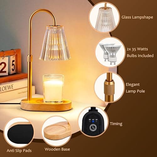 Candle Warmer Lamp with Timer: Electric Candles Wax Warmers Glass Lamps for Jar Candles Burner Adjustable Height and Dimmable Light Modern No Flame Scented Candle Warming Lantern, Amber thumbnail 5