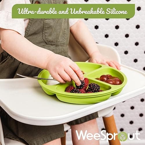 WeeSprout Suction Plates with Lids for Babies & Toddlers - 100% Silicone, Dinnerware Stays Put, Divided Design for Picky Eaters, Microwave & Dishwasher Friendly, 3 Pack - Matte Dark Grey, Blue & Green - With Lids thumbnail 8