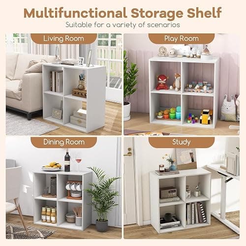 POWERSTONE 4 Cube Storage Organizer, 2 Tier Cubby Bookshelf, White | Freestanding Bookcase w/Back Guardrail, Open Back Display Rack for Living Room, Bedroom, Study thumbnail 6