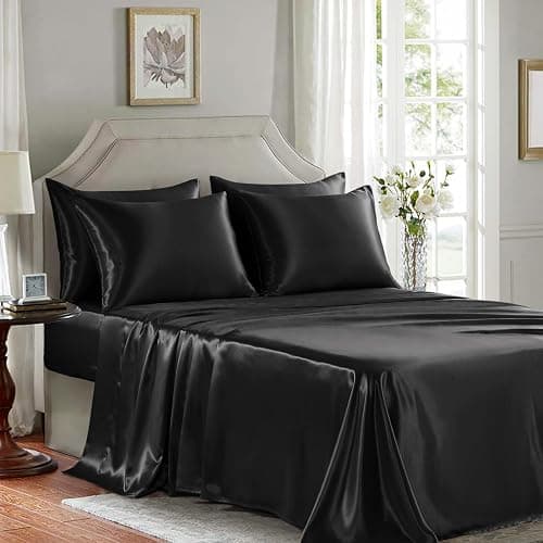 GOLAL Satin Sheets Full Size - 6 Pieces Luxury Silky Soft Bed Sheets, Wrinkle-Free Black Satin Silk Sheet Set with 1 Deep Pocket Fitted Sheet, 1 Flat Sheet, 4 Pillow Cases thumbnail 3