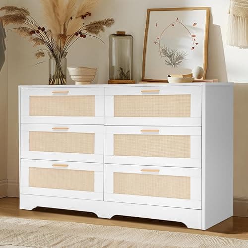 Redlife White Rattan Dresser for Bedroom, 6 Drawer Dresser with Golden Handles, Wood Storage Chest of Drawers for Closet, Living Room, Hallway and Entryway - Easy Assembly thumbnail 2