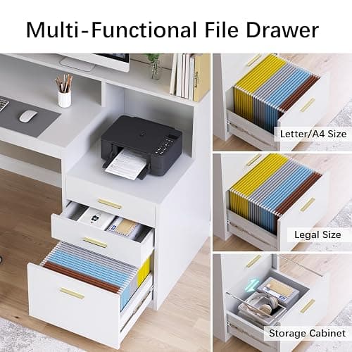 YOMILUVE Computer Desk with 3 Drawer & Storage Shelves, Home Office Desk with File Drawer & Cabinet, Writing Study Table with Long Monitor Stand & Printer Shelf, Executive Desk, White thumbnail 5