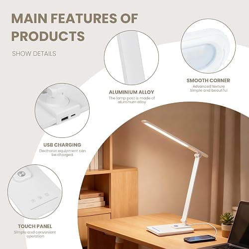 TECHNOVA LED Desk Lamp with 5 Color Temperatures | Sliding Stepless Dimming & One-Touch Timer | Foldable & Portable Design for Office/Study/Nail Art | USB Charging & Four-Axis Rotation for Small Desks thumbnail 6
