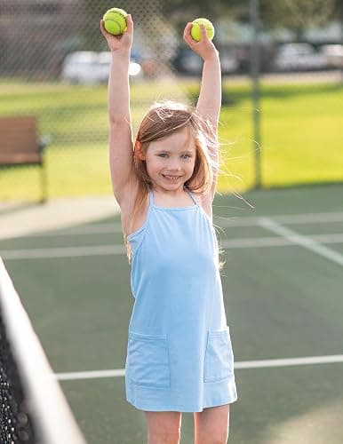 Arshiner Girls Dress with Shorts Casual Summer Spaghetti Straps One Piece Romper Dresses with Pockets for Kid 5-15 Y - 9-10 Years - Light Blue thumbnail 4