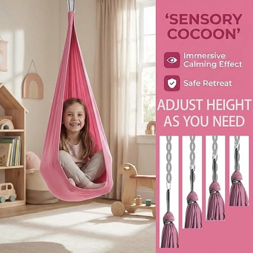 Elfzone Sensory Swing - Indoor Swing，Comes with Heavy Duty Hardware and Soft Nylon Fabric for Calming Effect, Holds Up to 135kg (Pink, 110" thumbnail 7