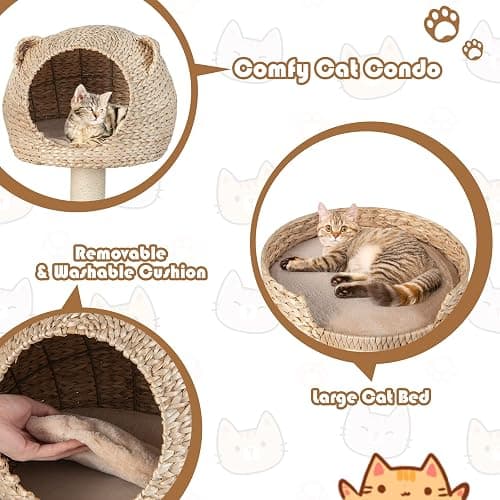 Tangkula Modern Cat Tree Tower, Multi-Level Tall Activity Center with Natural Sisal Scratching Posts, Hammock, Hand-Made Cattail Cute Condo with Funny Toy Balls thumbnail 5