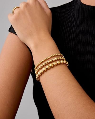 PAVOI 14K Gold Plated Beaded Bracelet Pack for Women | Stainless Steel 3-Piece Stretchy Bracelet Set | Waterproof Ball Trio thumbnail 2