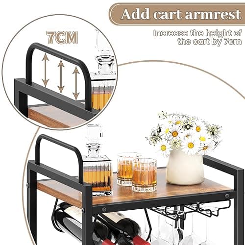 Bar Cart for The Home, 3 Tier Kitchen Carts with Wheels, Small Rolling Cart with Glass Holders, Wine Rack, Mini Bar Cart for Kitchen, Dining room, Living Room, 13.0"D x 17.0"W x 33.8"H, Rustic Brown thumbnail 5