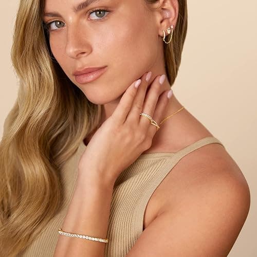 PAVOI 14K Gold Chain Earrings for Women | Double Piercing Dangle Chain Huggie Hoop Earrings | Cubic Zirconia Pearl Stud Ear Cuff Earrings for Women thumbnail 4