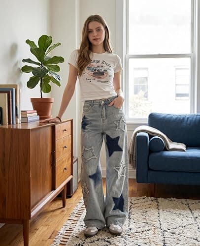 Lafaguw Cute Jeans for Women Girls Star Patchwork Pants High Waisted Straight Leg Jean Casual Preppy Clothes thumbnail 3