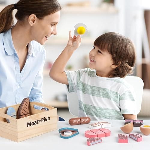 Kienvy 10 PCS Meat & Fish Wooden Play Food Set for Kids Kitchen, Wooden Toy Pretend Play Food Cutting Set, Realistic Protein Play Food Set, Christmas Birthday Present for Toddlers & Kids Ages 3+ thumbnail 2