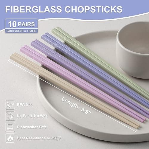 Hiware 10-Pair Reusable Fiberglass Chopsticks, Non-Slip Chop Sticks Set Japanese Style, Dishwasher Safe, 9.5-Inch thumbnail 3