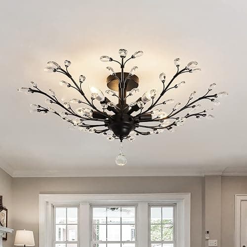 CVKASH 5 - Light Vintage Small Crystal Chandelier Modern Semi Flush Mount Ceiling Light Fixture Chandelier Lighting for Kitchen Bedroom Living Room Dining Room Hallway Foyer（Black） thumbnail 3