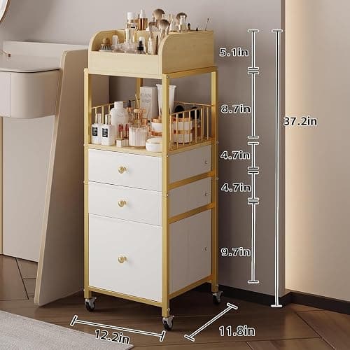 Makeup Organizer Cart with Drawers, Floor Skincare Organizers Make Up Organizers-Vanity Organizer Cosmetic Display Cases Holder for Skin Care Perfume Nail Polish Brush Hair Tool（Gold） thumbnail 2