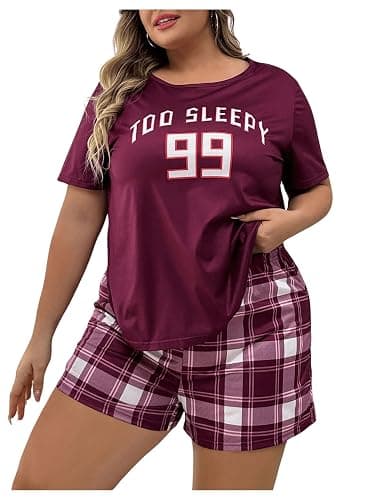 GORGLITTER Women's Plus Size Pajama Set 2 Piece Letter Short Sleeve Shirt Plaid Boxer Shorts Pjs Lounge Sets - Image 1