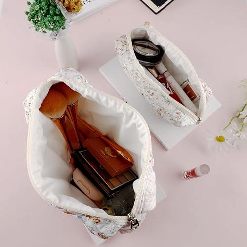 2Pcs Quilted Cotton Makeup Bag Large Travel Makeup Pouch Small Brush Holder Set for Women Cute Floral Coquette Makeup Bag Aesthetic Cosmetic Bag Flower Bee Toiletry Organizer Storage Bag Zipper Pouch thumbnail 6