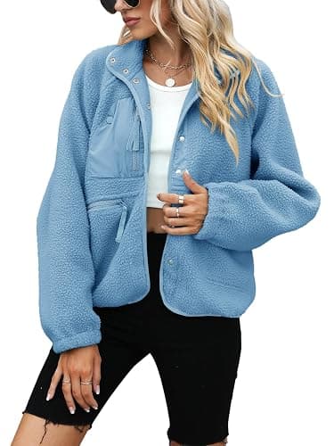 Yanekop Womens Fleece Jacket Fuzzy Long Sleeve Short Winter Coats Button Down Sherpa Jacket Outerwear with Pockets thumbnail 2
