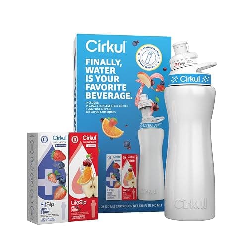 Cirkul 22oz. White Stainless Steel Water Bottle Starter Kit with Blue Lid, 2 Flavor Cartridges (1 LifeSip Fruit Punch and 1 FitSip Mixed Berry) No Sugar, Zero Calorie Drink Mix thumbnail 2