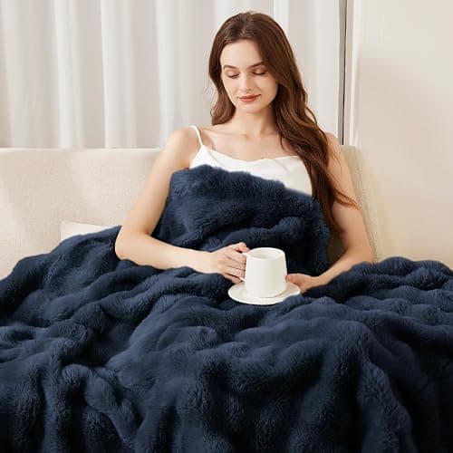 Faux Rabbit Fur Throw Blanket for Couch, Fluffy Warm Plush Thick Bubble Blanket for Bed Sofa Living Room, Soft Cozy Furry Blanket, 50x60 inches, Navy Blue thumbnail 4