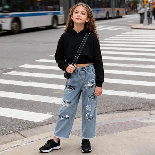 Voxikidio Size 5-10 Years Girls 3PCS Fashion Outfits Set - Cropped Hoodie + Cami Top + Printed Jeans 3-Piece Set thumbnail 4