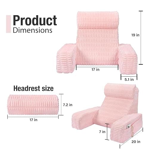 Selectico Reading Pillow for Bed Sitting Up with Large Pockets,Modern Style | 19" Supportive Backrest Cushion for Reading,Nursing,Resting,or Reclining,Stable Armrests & Washable Cover – Pink thumbnail 2