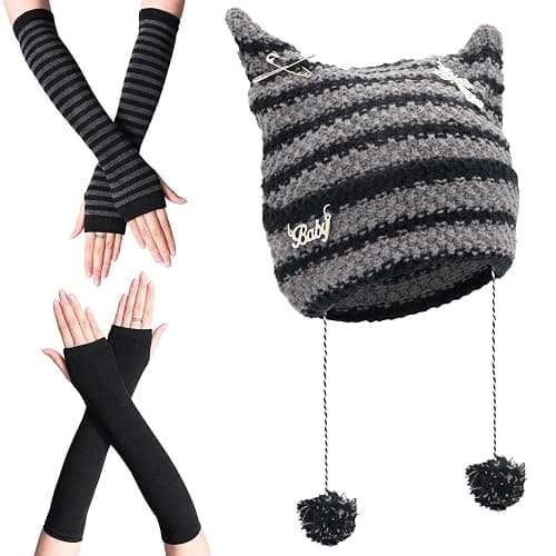 Scettar 2 Paare Damen Lange Fingerlose Handschuhe ，1 Paar Katzenohren-Mützen，Gestreift Stricken Armwärmer für Frauen, Y2k Streifen Fingerlose Armstulpen Handschuhe für Herbst Winter - Image 1