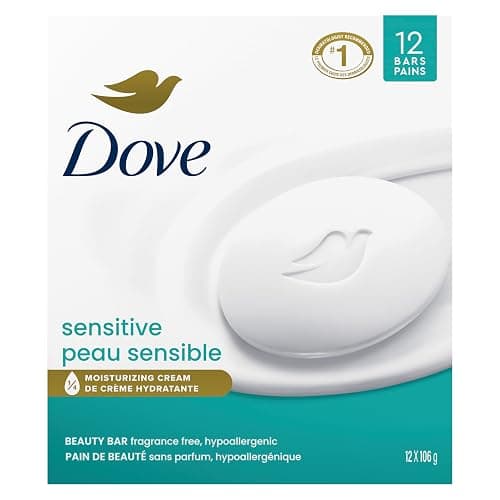 Dove Beauty Bar More Moisturizing Than Bar Soap for Softer Skin, Fragrance Free, Hypoallergenic Sensitive Skin With Gentle Cleanser 106 g 12 count - Image 1