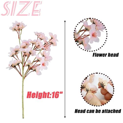 SITUMEIZI 6Pcs Artificial Cherry Blossom Branches Decor Fake Flowers Silk Spring Faux Flowers 16" Peach Bouquet for Home Wedding Bedroom Japanese Decoration DIY Table Centerpiece Arrangement(Pink) thumbnail 3