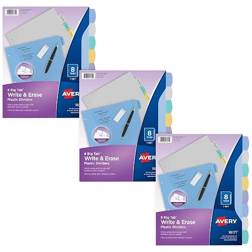 Avery Big Tab Write & Erase Durable Plastic Dividers for 3 Ring Binders, 8-Tab Sets, Pastel Colors, 3 Sets of Binder Dividers, Great for Organizing Reports, Presentations, and More (31351) - Image 1