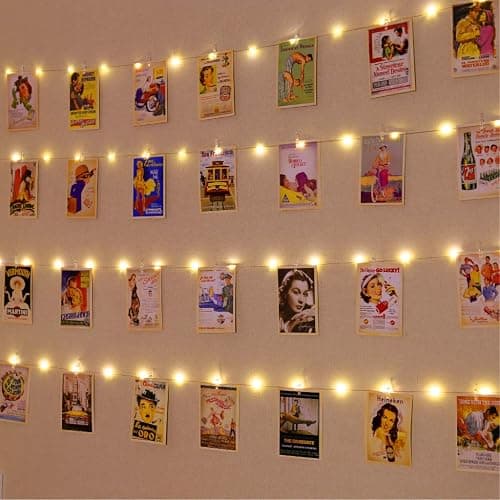 HXWEIYE Warm White Photo Clips String Light, Timer & 8 Modes, 33Ft 100LEDs Battery Powered Fairy Light with 52 Clear Clips & 12 Hooks on Wall for Hanging Picture,Bedroom Party - Image 1