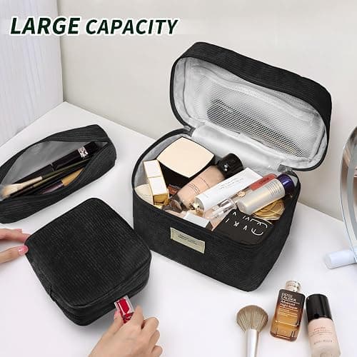 LVWNM 4 Pcs Makeup Bag for Women Corduroy Cosmetic Bag Aesthetic Cute Bags Multi Size Purse Pouch Travel Toiletry Bag Set Makeup Organizer with Zipper(Black) thumbnail 4