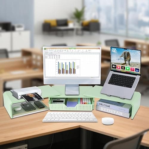 LEKETREE Dual Monitor Stand Riser with Drawer, Desk Organizer and Accessories, Metal Laptop Stand for Desk, Workspace Desktop Stand for Computer, Laptop, TV and More (Mint Green) thumbnail 2