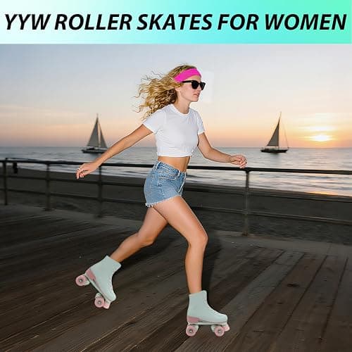 YYW Roller Skates for Women Girls Black Pink Roller Derby Skates Light Up Adult Double Row PU Leather Skates for Youth Adult Beginner Outdoor thumbnail 6