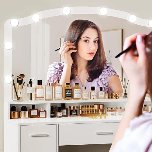 usikey Large Vanity with Mirror and Light, Dressing Table Set with 3 Drawers, 2 Cabinets and 10 LED Bulbs Dresser with Stool for Women,Bedroom,Bathroom, White thumbnail 6