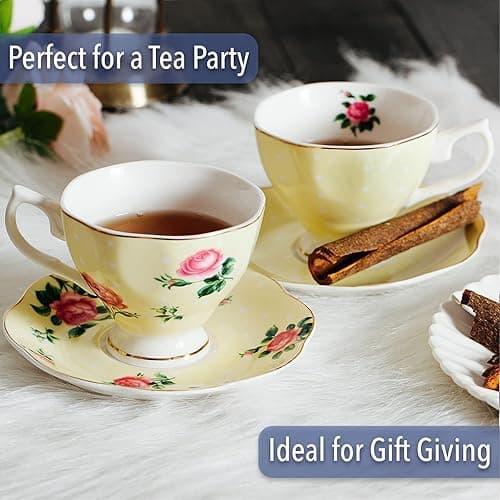 BTaT- Floral Tea Cups and Saucers Set of 8 (8 oz), Porcelain Tea Cup Sets, Assorted Colors with Gold Trim & Gift Box, Dishwasher Safe thumbnail 8