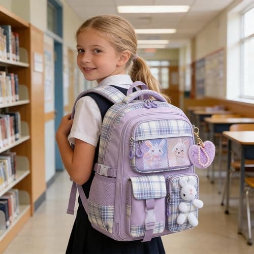 PIKBEAR Girls Backpack Set,Kid School Backpack with Lunch Bag and Pencil Case,Cute Rabbit Bookbag for Elementary (Purple-Bunny) thumbnail 2