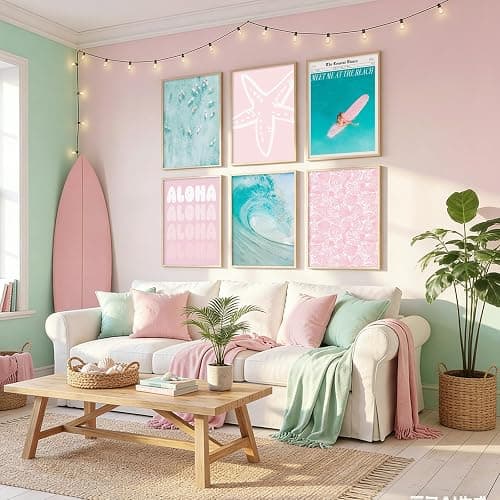 Coastal Wall Art Beach Canvas Poster Summer Surf Wall Decor Pink and Bule Pictures Preppy Aesthetic Prints Ocean Granddaughter Artwork Surfboard Starfish Painting for Girls Bedroom 8x10 Inch Unframed thumbnail 4