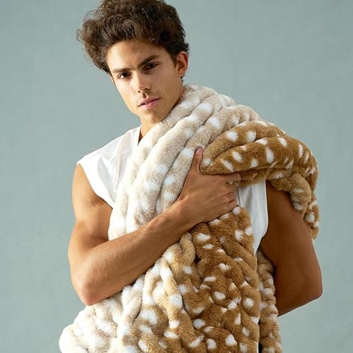 Cozy Bliss Premium Ruched Faux Fur Throw Blanket for Couch, Double-Sided Soft Textured Fuzzy Plush Blanket for Home Decor, Bed & Living Room, Cozy Warm Minky 550GSM Blanket, 50 x 60 Inches, Brown Deer thumbnail 5