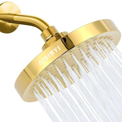 AISINYI High Pressure Rainfall Shower Head, 6 Inches Showerhead with Perfect Adjustable Replacement, Removable Restrictor, Easy Installation for Your Bathroom Shower Heads (Deluxe Gold + Shower Arm) - Image 1