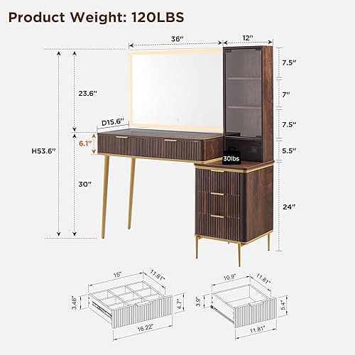 T4TREAM Fluted Makeup Vanity Desk with 36" HD Lighted Mirror, 48" Big Modern Vanity Desk with Mirror and Lights, Dressing Table with 5 Drawers & Shelves, Glass Top for Bedroom (Dark Walnut) thumbnail 3