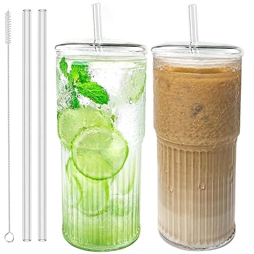Luiaiog Glass Cups with Lids and Glass Straws, High Borosilicate 20OZ Tumblers (2Pcs) for Coffee, Tea, Juice, Smoothies, Hot/Cold Drinks at Home, Office - Clear 20oz